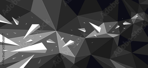 Obraz na plátne Dark low poly vector abstract background, black monochrome greyscale polygonal abstraction with decay motion of flying particles, 3D dynamic art