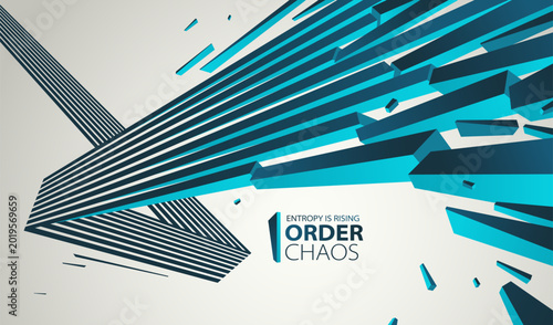 Foto Debris particles exploding in chaos vector abstract background, entropy is rising to decay and disorder, elements flying in motion, 3D wallpaper