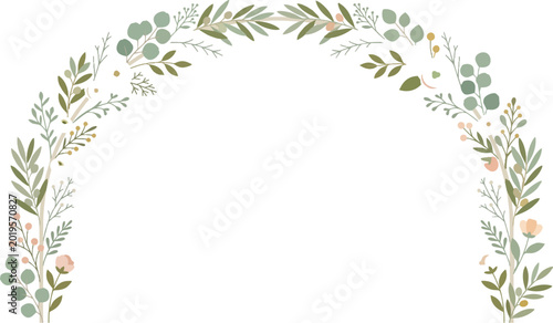 Elegant Floral Wreath Arch Frame with Hand Drawn Botanical Leaves and Flowers for Wedding Invitation Design