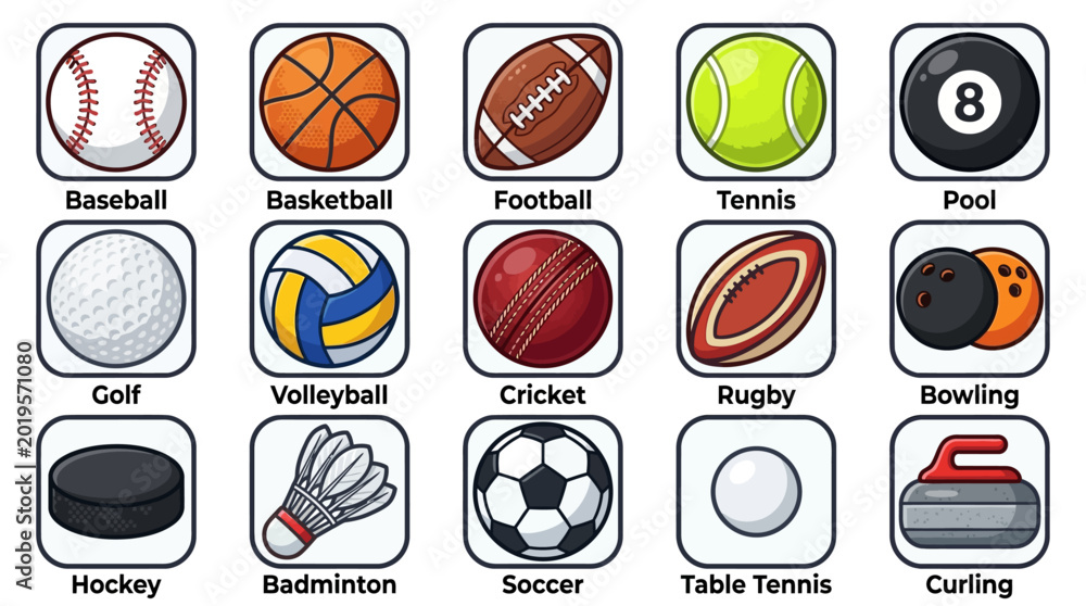 Obraz premium Set of colorful sports equipment icons including various balls and gear.