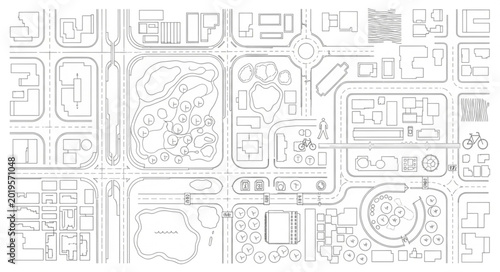 Aerial view of a city map with buildings and streets.