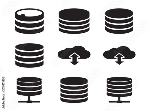 Vector illustration of database storage icons with upload and download arrows