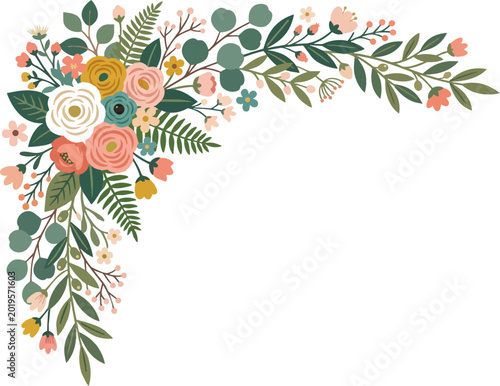 Elegant Floral Corner Border Illustration with Spring Flowers and Leaves for Wedding Design