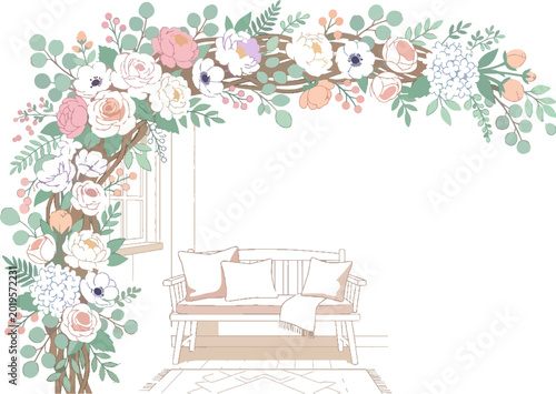 Floral Arch Illustration with Cozy Bench and Interior Background for Wedding and Spring Design Projects