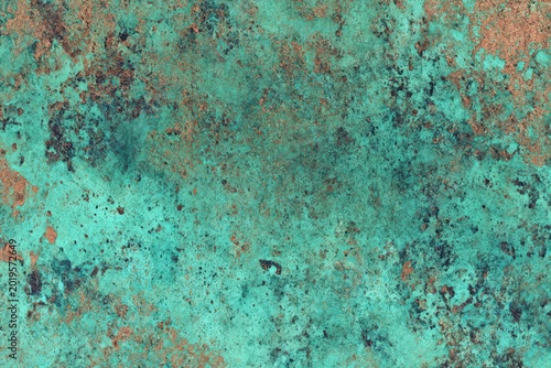 Oxidized Copper Bronze Metal Close Up With Turquoise Patina, Weathered Corrosion Abstract Texture Background