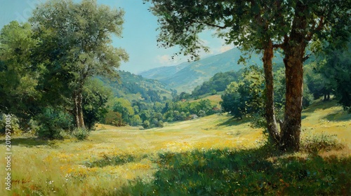 Lush green summer landscape with mature trees, a sunlit rolling meadow, bright natural daylight, rural countryside view