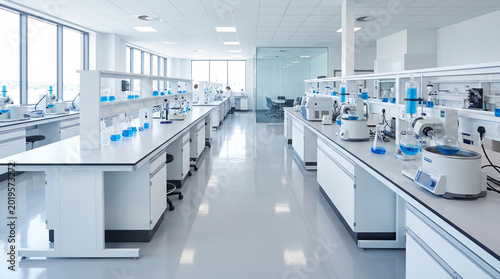 Modern bright medical laboratory interior with scientific equipment, microscopes, glass flasks with blue liquid and professional research workspace for biotechnology