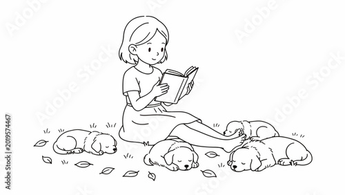 Young girl reading with cute puppies.