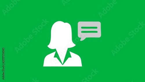 Businesswoman chat communication icon animation with speech bubble on green screen background