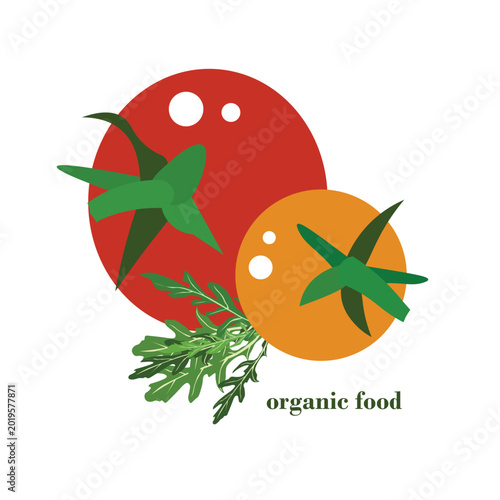 Organic food banner with tomatoes and arugula. Red and yellow fruits, green leaves design element healthy food, restaurant menu stook vector illustration for web, for print, for stickers