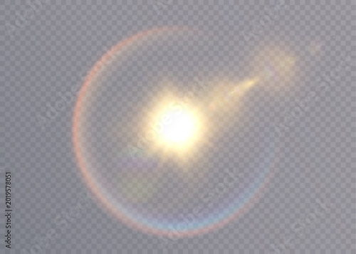 A bright solar flare with a rainbow halo and optical refraction. Vector sun effect isolated on a transparent background.
