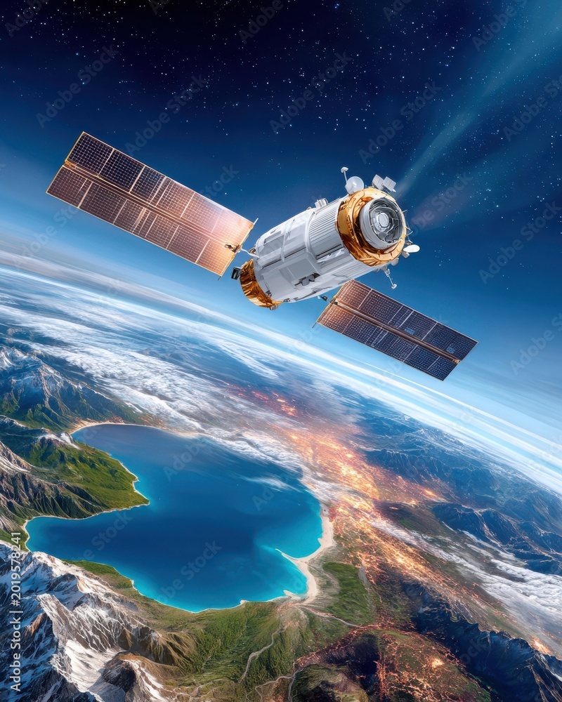 Fototapeta premium Ultra-realistic satellite orbiting Earth with extended solar panels over coastal landscape at night