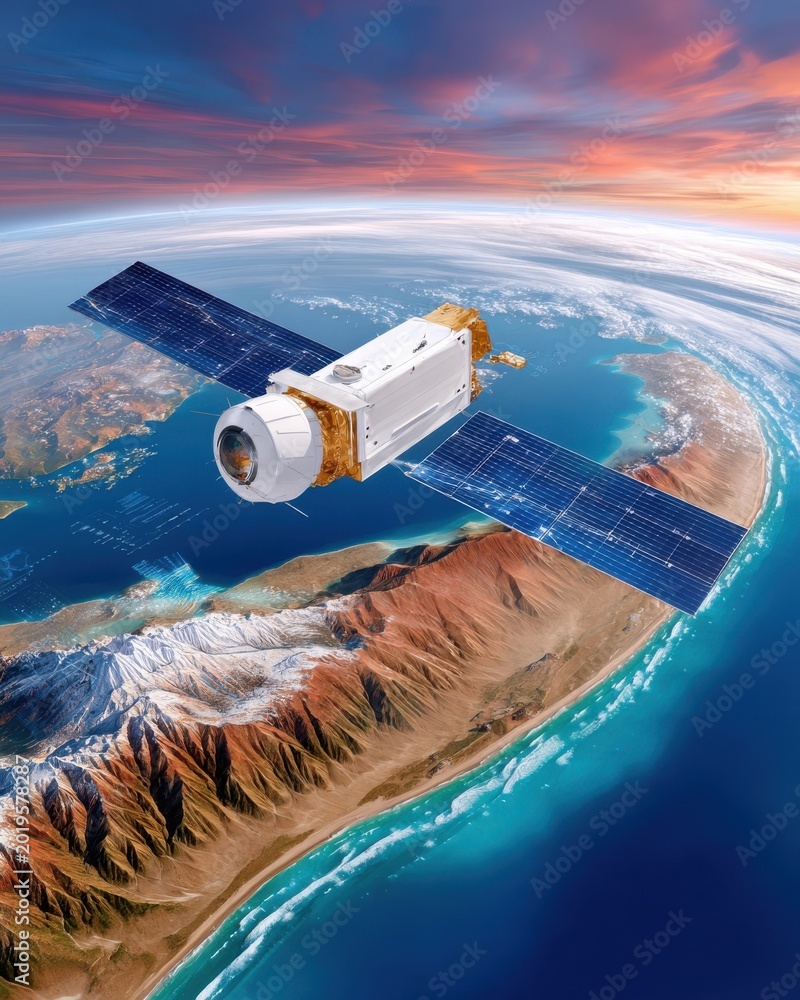 Fototapeta premium Satellite orbiting Earth with solar panels above coastal mountains at sunrise, space technology scene