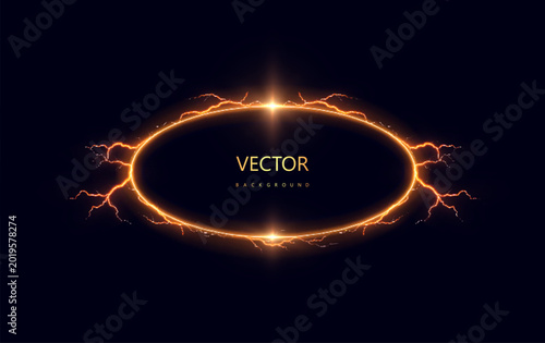 A glowing orange oval energy ring with electric sparks and bright lightning bolts on a dark background. A magical vector frame for fantasy effects.