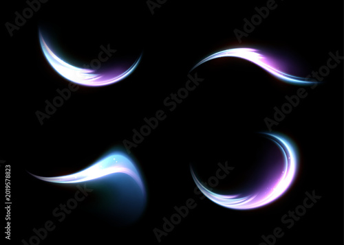 Vector set of glowing blue and violet curved light trails on dark background. Soft luminous streak effects for magic overlays, futuristic accents and motion design.