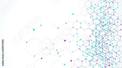 Abstract network connection with hexagonal grid and vibrant nodes