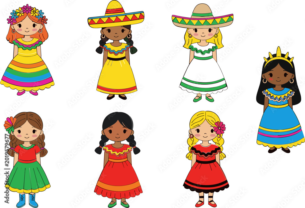 Naklejka premium Colorful Cultural Dress-Up Doll Vector Set with Traditional Dresses, Hats, and Accessories for Kids’ Design