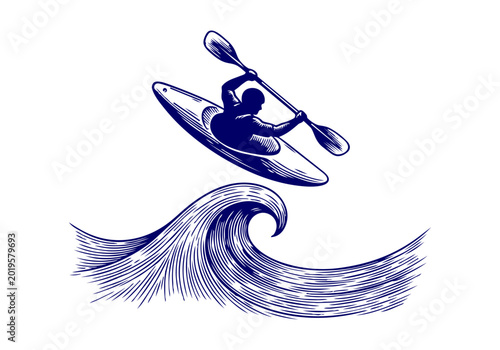Kayak Sport hand drawn engraved vector illustration