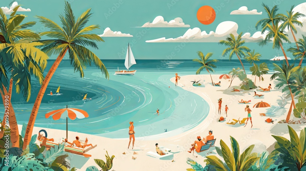 Obraz premium Colorful summer vector background with beach illustrations, sunny bright lighting, tropical graphic style for banner template