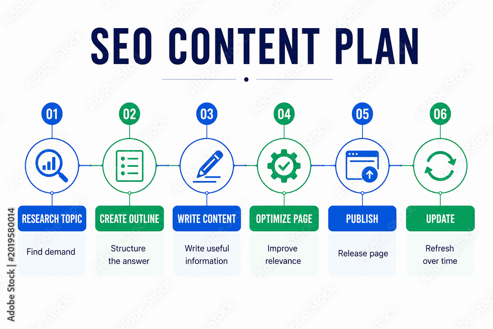 Fototapeta premium A visual content plan outlining the steps for creating SEO-optimized website pages, including research, outlining, writing, page optimization, publishing, and updating content. It’s set against a dark