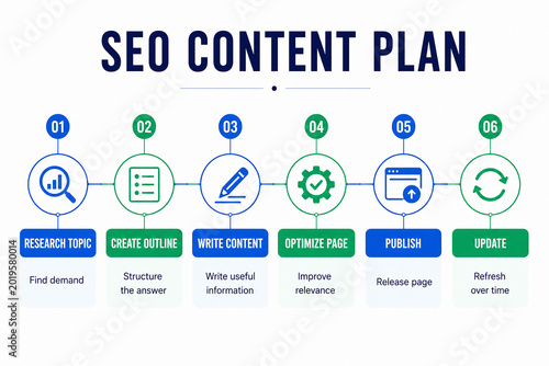 A visual content plan outlining the steps for creating SEO-optimized website pages, including research, outlining, writing, page optimization, publishing, and updating content. It’s set against a dark