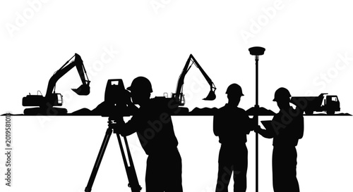 Bild auf Leinwand Construction Surveyors with Excavators and Truck Silhouette