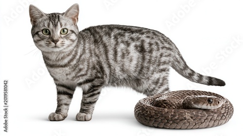 Silver tabby cat with snake isolated on white background