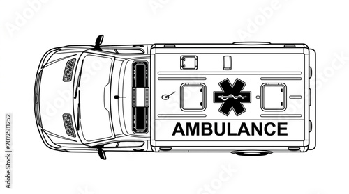 Fotografi Top view illustration of an emergency ambulance vehicle.