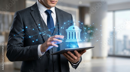 Government digital security network technology business tablet data finance compliance professional businessman using tablet with hologram government building icon, secure digital network and data