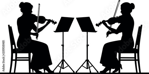 Cuadro en lienzo Violinists Silhouette Playing Musical Instruments with Music Stands for Classica