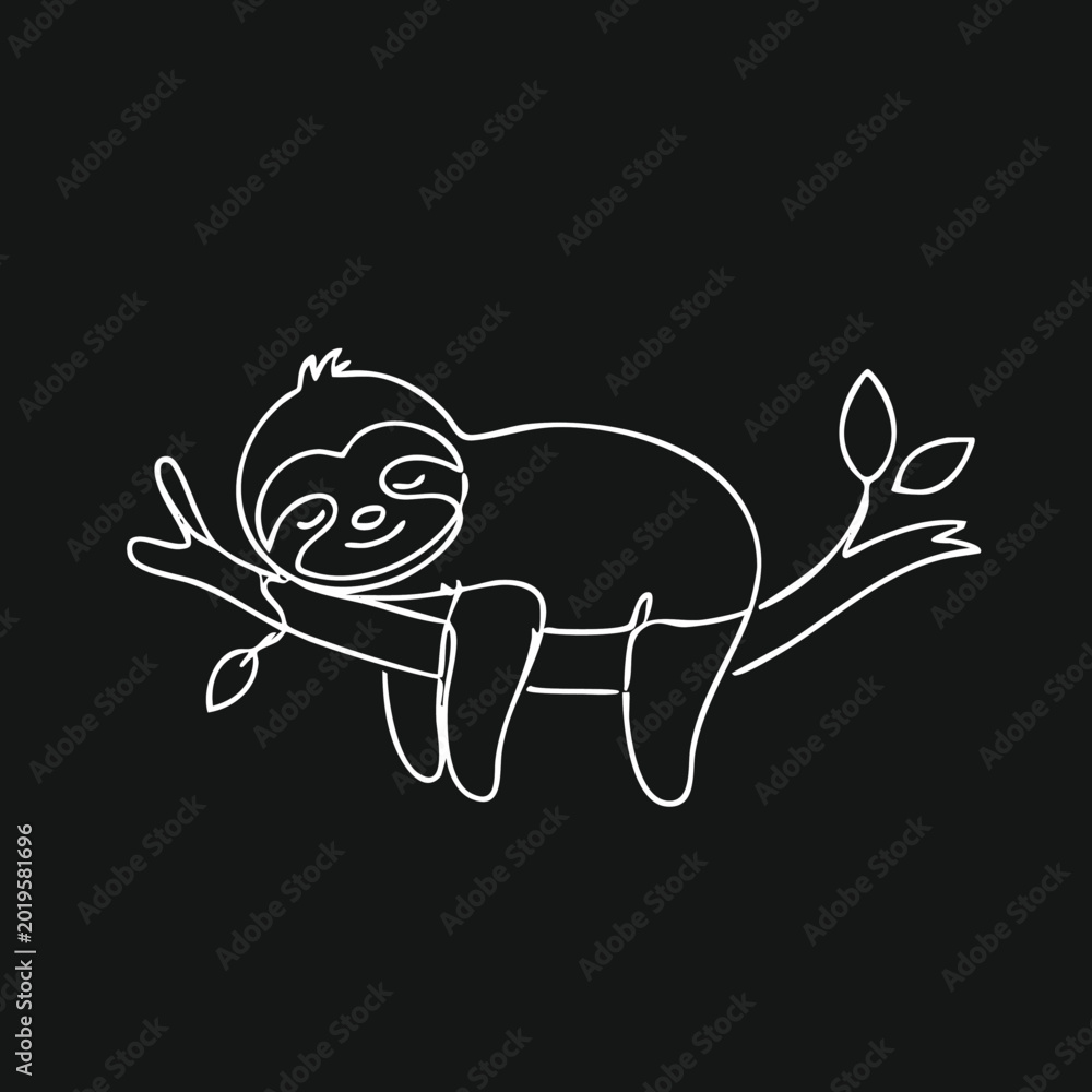 Obraz premium Sleeping Sloth on Tree Branch White Line Art Illustration against a Dark Background