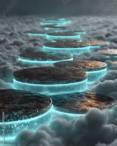 Futuristic Glowing Pathway on Clouds: Surreal Digital Art for Fantasy and Innovation