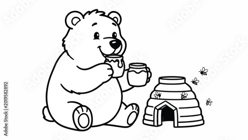 Bear sitting with honey pot.