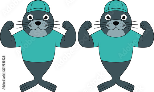 Obraz na płótnie Cute seal mascot flexing muscles cartoon animal vector illustration design