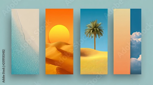 Vertical social media summer stories geometric templates with vibrant colors, modern design style, bright lighting, copy space for text, summertime advertising background