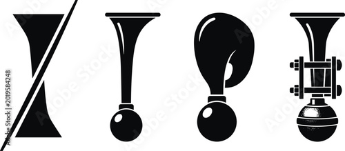 Schilderij op canvas Vintage vehicle squeeze bulb horn vector icon set featuring flat black silhouett