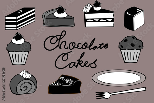 チョコレートスイーツのモノクロのシンプルイラストセット / Simple Illustration Set of Chocolate Sweets Cake