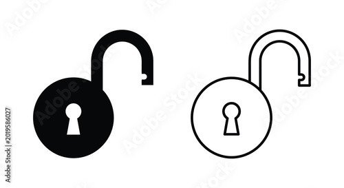 Padlock with open shackle black and white line art silhouette