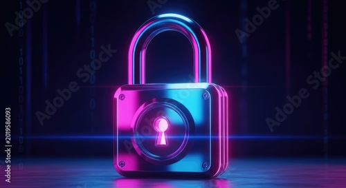 Neon lit padlock with glowing blue and pink light