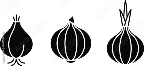 Foto Fresh onion vegetable vector icon set featuring flat black silhouette styles inc