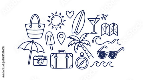 Fotografía Hand-drawn summer vacation essentials, travel icons for a perfect getaway