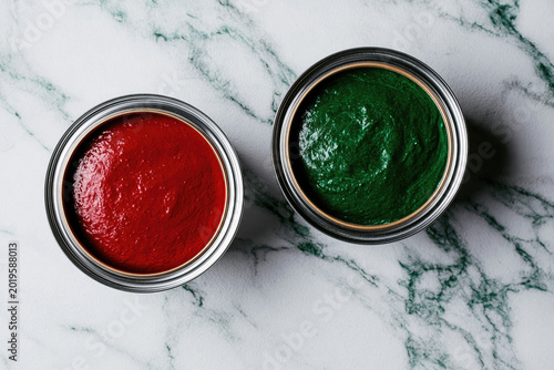 Red and Green Pigment Paste in Metal Containers