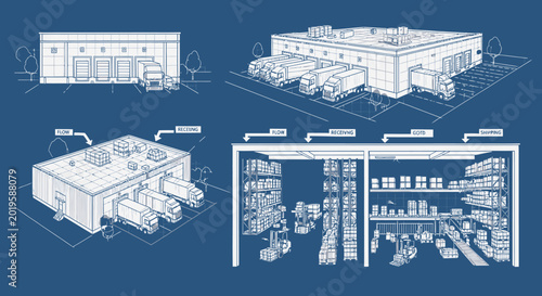 Blueprints of industrial factory buildings.