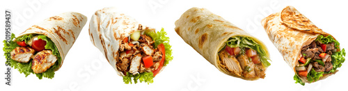 Canvas Print Delicious chicken and beef shawarma wraps, a popular Middle Eastern street food, isolated on transparent background