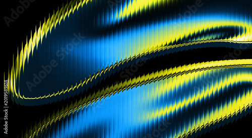 Fényképezés Dynamic 3D fluid metal background in blue and yellow colors, glossy reeded glass