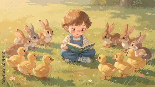 Boy sitting with ducks and rabbits.