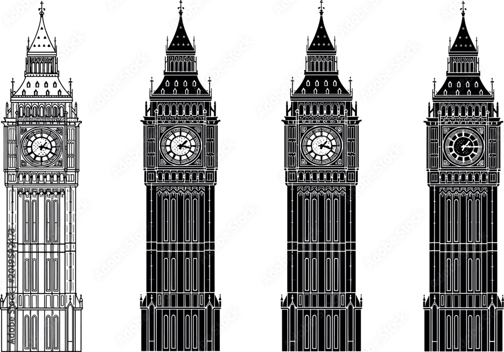 Fototapeta premium London Big Ben Elizabeth Tower Clock Silhouette Vector Set for United Kingdom Tourism, Travel Guides, and Historic Landmark Graphic Designs