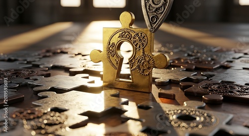 Golden puzzle piece with keyhole design on fragmented surface