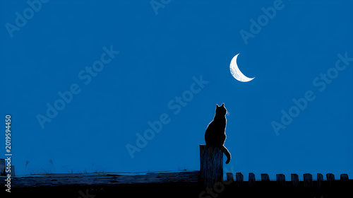 Mysterious feline silhouette perched atop a weathered wooden fence post under a crescent moon and deep twilight blue sky evoking solitude and nocturnal contemplation