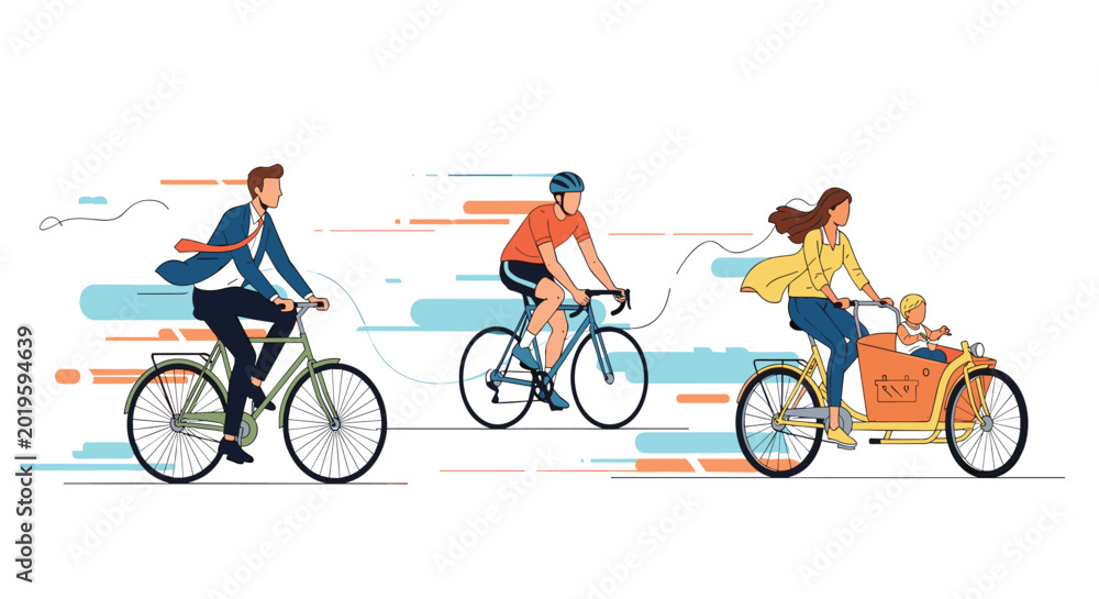 Fototapeta premium Diverse group of people cycling on city streets featuring businessman on commuter bike road racer and mother with child in cargo bicycle.